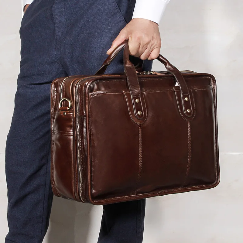 Men's Top Grain Cowhide Leather Briefcase 15 Inch Laptop Bag Business Office Handbag Large Capacity
