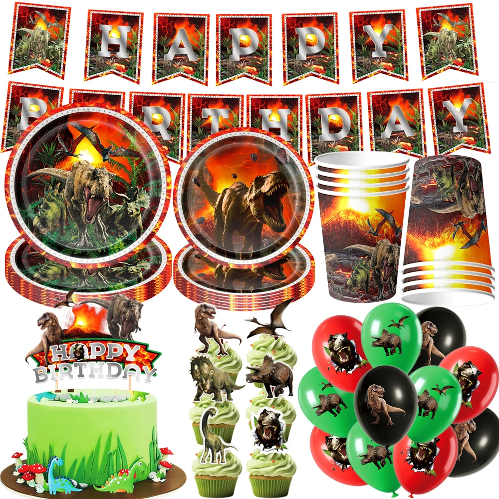 Fournitures de fête à thème dinosaures jurassiques rouges, ensemble de vaisselle jetable, assiettes, serviettes, bannière, décor de fête d'anniversaire pour enfants