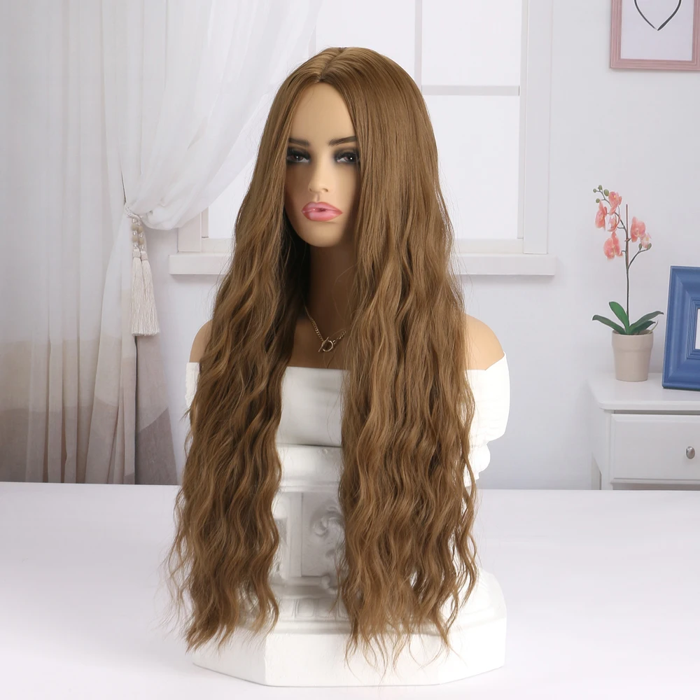 30 بوصة بني فاتح شعر مستعار طويل الاصطناعية للنساء شعر مستعار مموج طبيعي مع الانفجارات شعر مستعار ألياف مقاومة للحرارة لجميع القديسين اليومي #2
