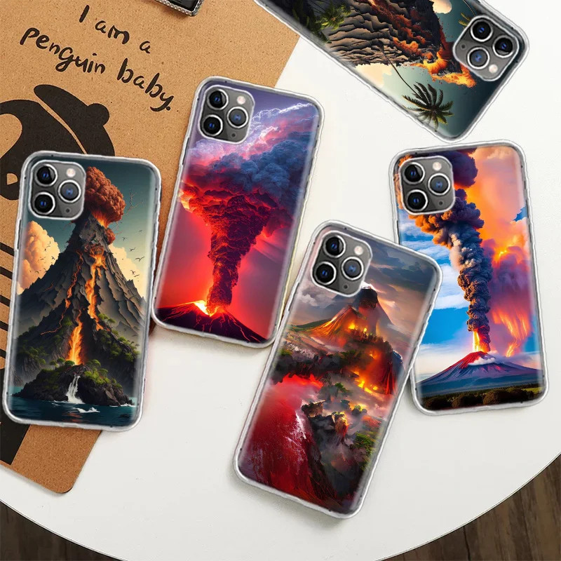 Volcanic Eruption Case for iPhone 12 13 Mini 14 Plus 15 16 Pro Max 11 X XS Max Clear TPU Protective Phone Cover Coque C