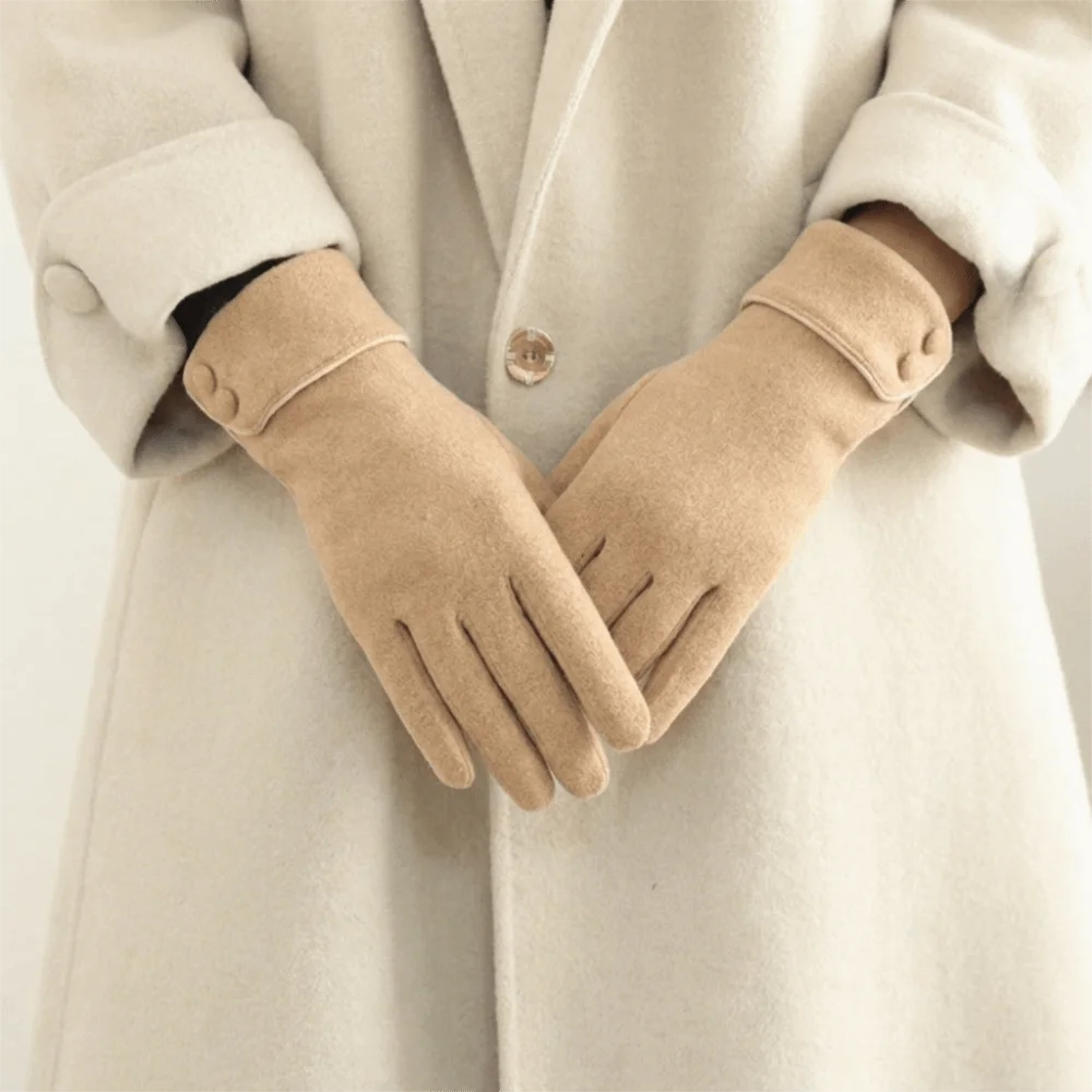 Elegant Button Winter Gloves Fleece Full Finger Women Gloves Fleece-Lined Thickened Cycling Mittens Gift