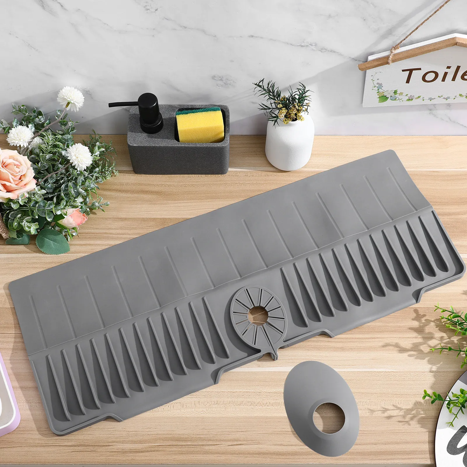 Silicone Sink Faucet Pad 24x9 Inch Waterproof Splash Guard with Suction Cups for Farmhouse Kitchen Sloped Drain Design Non Slip view 6