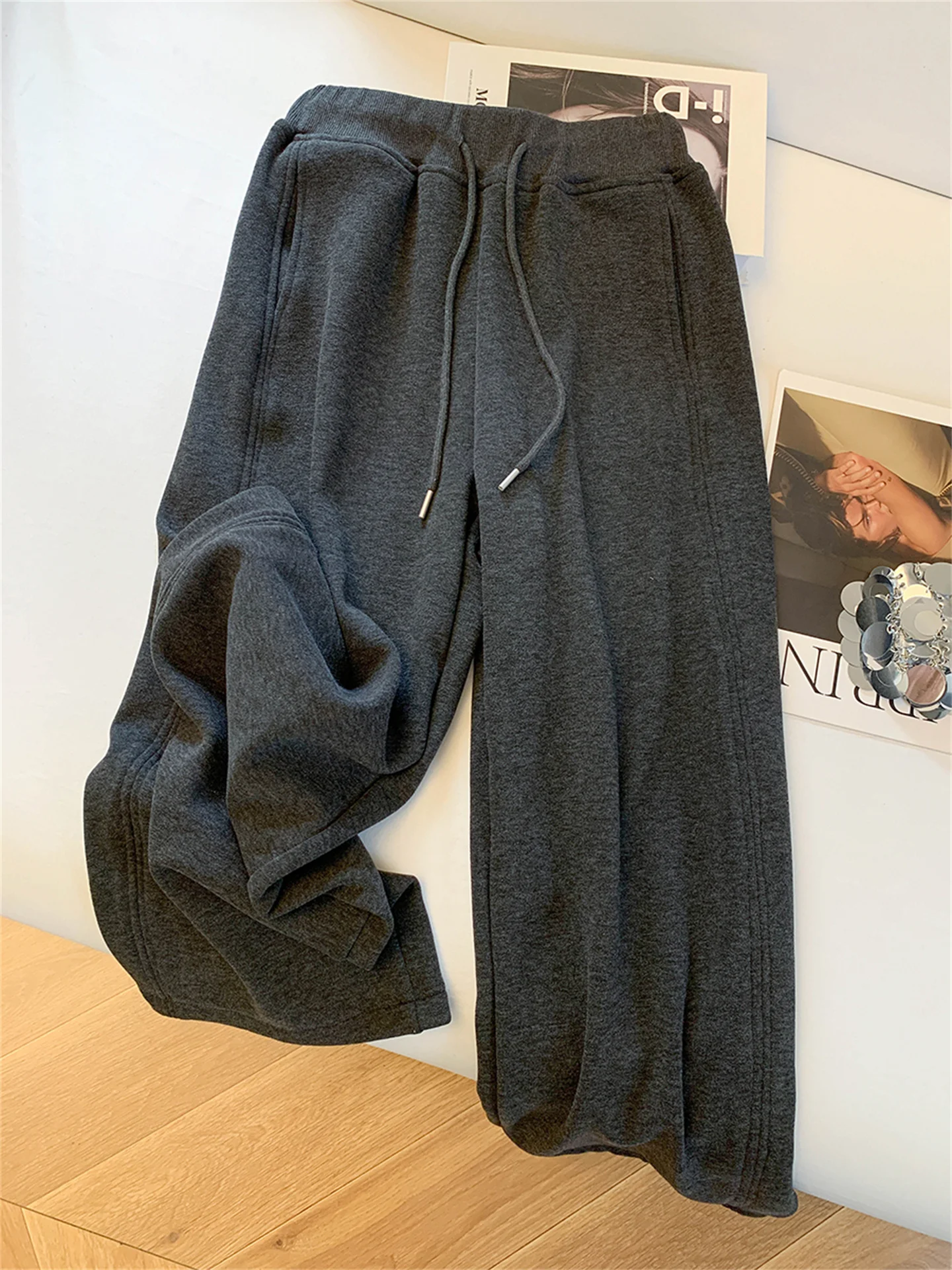 

Thiened Fce Wide Leg Pants High Waist Knitted Trousers for Women Winter Casual Wear Comfortable Loose Fit Asymmetrical D...