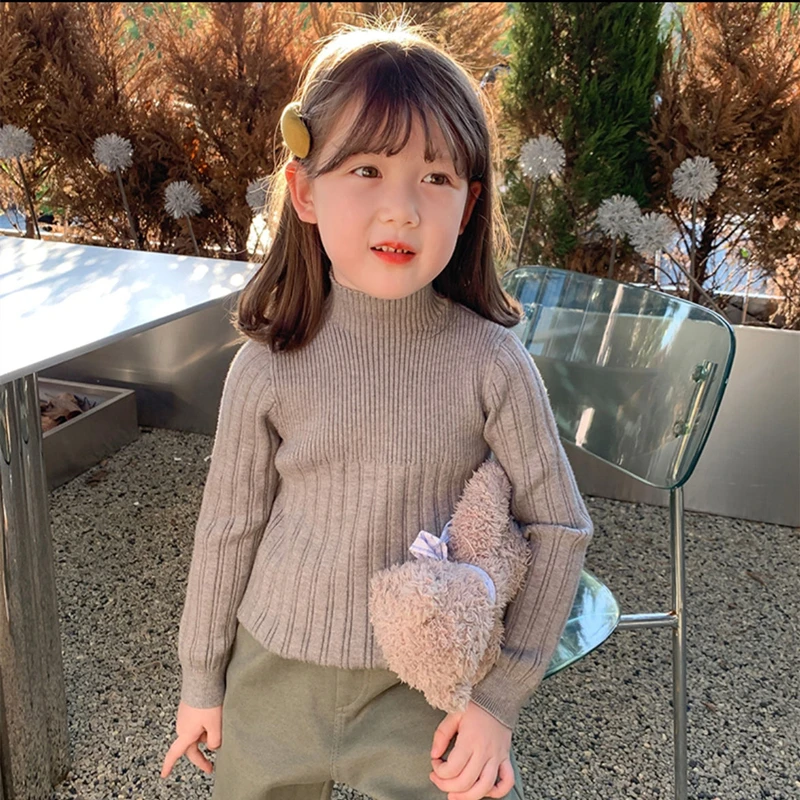 

Girls Solid Color Casual Sweater Bottoming Shirt Children Elastic Half Turtleneck Fashion Knit Sweater Soft Thicken Warm Sweater