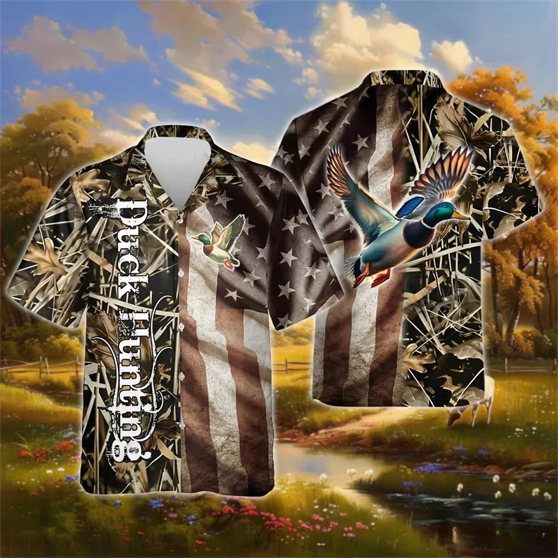 

Fashion Mallard 3D Printed Shirts For Men Clothes Duck Hunting Camouflage Graphic Lapel Blouse Hawaiian Camo Blouses Boy Tops