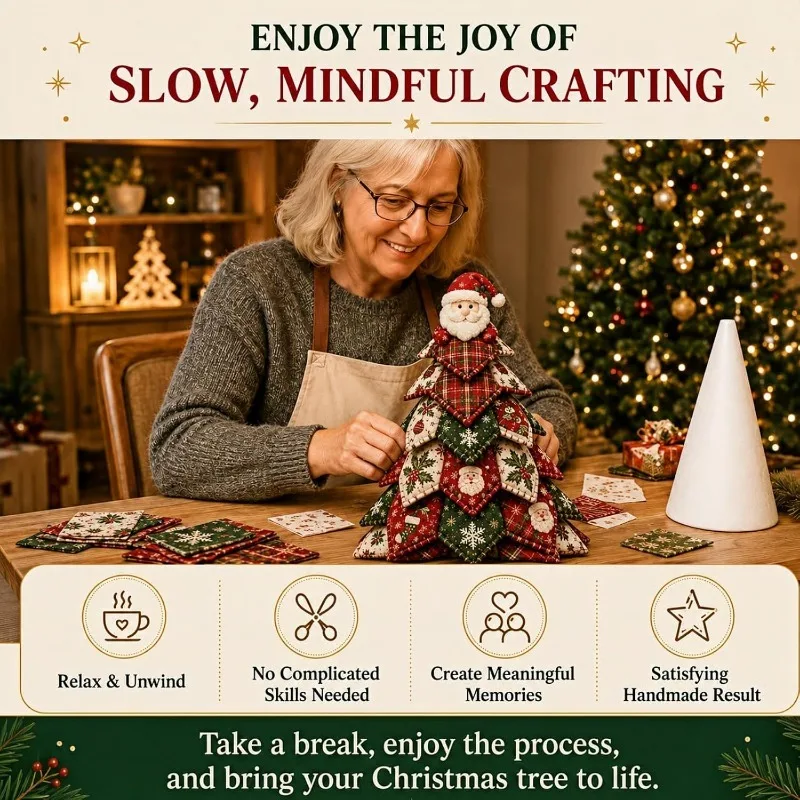 Quilted Christmas Tree Kit, Handmade Christmas Tree Craft Kit, 3D Fabric Patchwork Christmas Quilted Table Decoration, Christmas Kit for Adults And Beginners, Holiday Home Decoration Gift