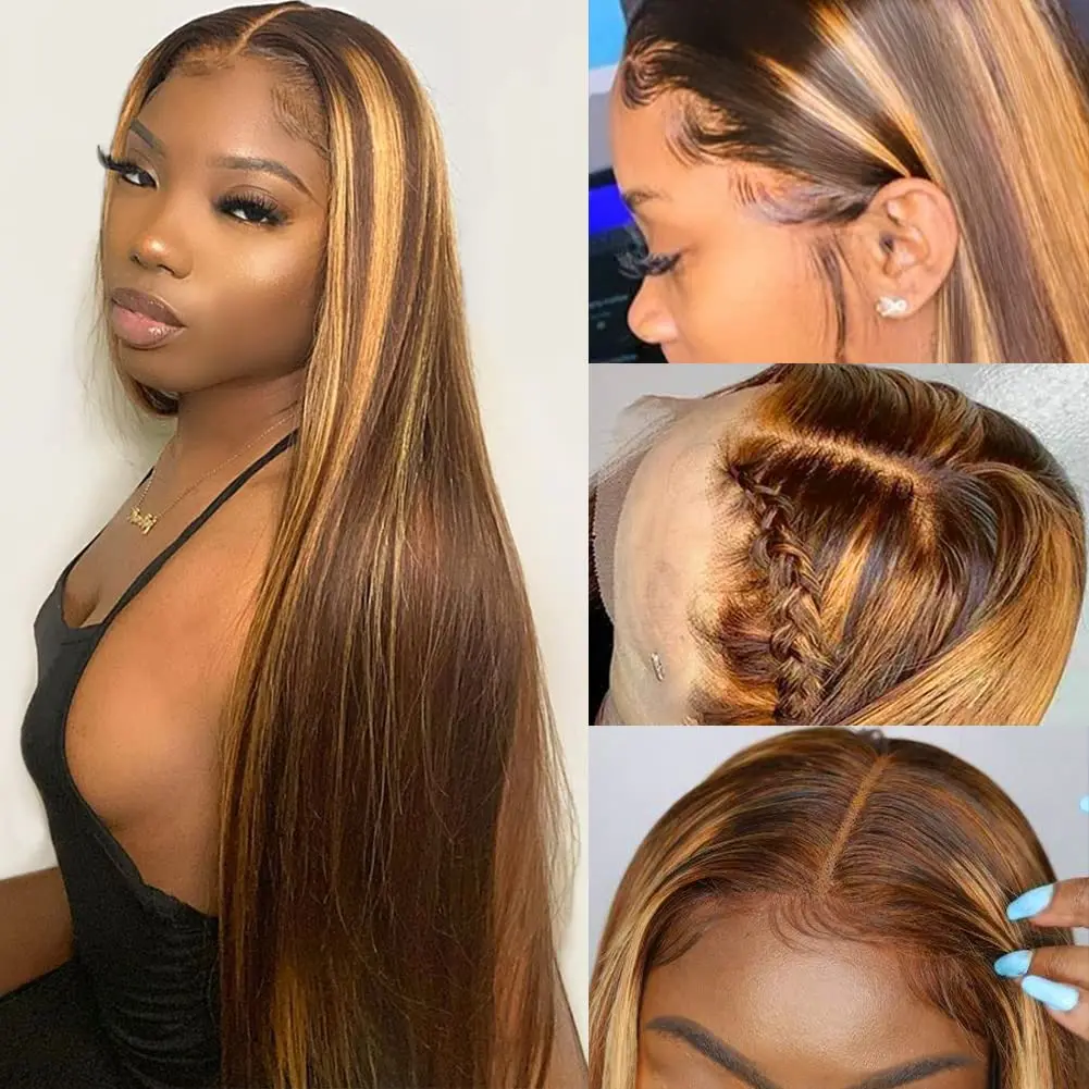 

30 32 Inch 13x6 Straight Highlight Lace Front Human Hair 13x4 Lace Frontal Wigs 4/27 Ombre Honey Blonde Colored Wigs For Women