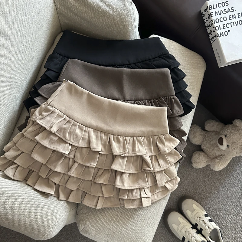 

Women's Spring Autumn High Waist A Line Layered Ruffled Mini Skirt Lady Streetwear Solid Color Short Skirt