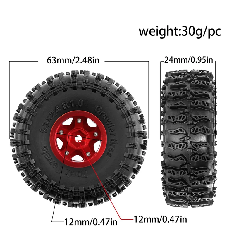 

B87B-4Pcs 63Mm 1.0Inch Beadlock Wheel Tire Set For 1/18 1/24 RC Crawler Car TRX4M SCX24 FCX24 Upgrade Parts Accessories