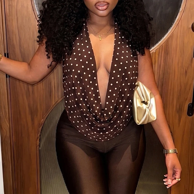 OMSJ Polka Dot Tops Women's Summer Halter Swinging Neck Sleeveless Open Back Draped Hot Sexy Strappy Vest Casual Club Streetwear