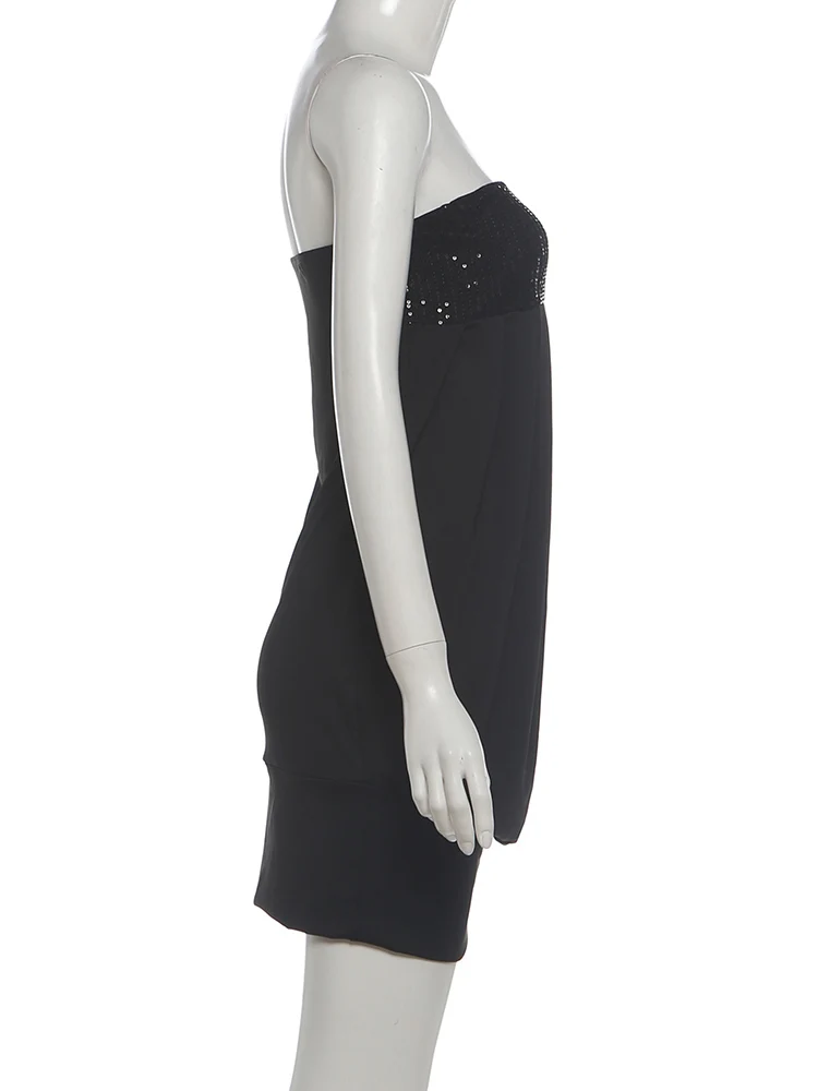 Weird Puss Sexy trägerloses Minikleid für Damen, mit Pailletten, Patchwork, Wickeldetail, rückenfrei, figurbetont, pfirsichfarben, Street-Style, gerafft, elegant, Bodycon – Detail 4