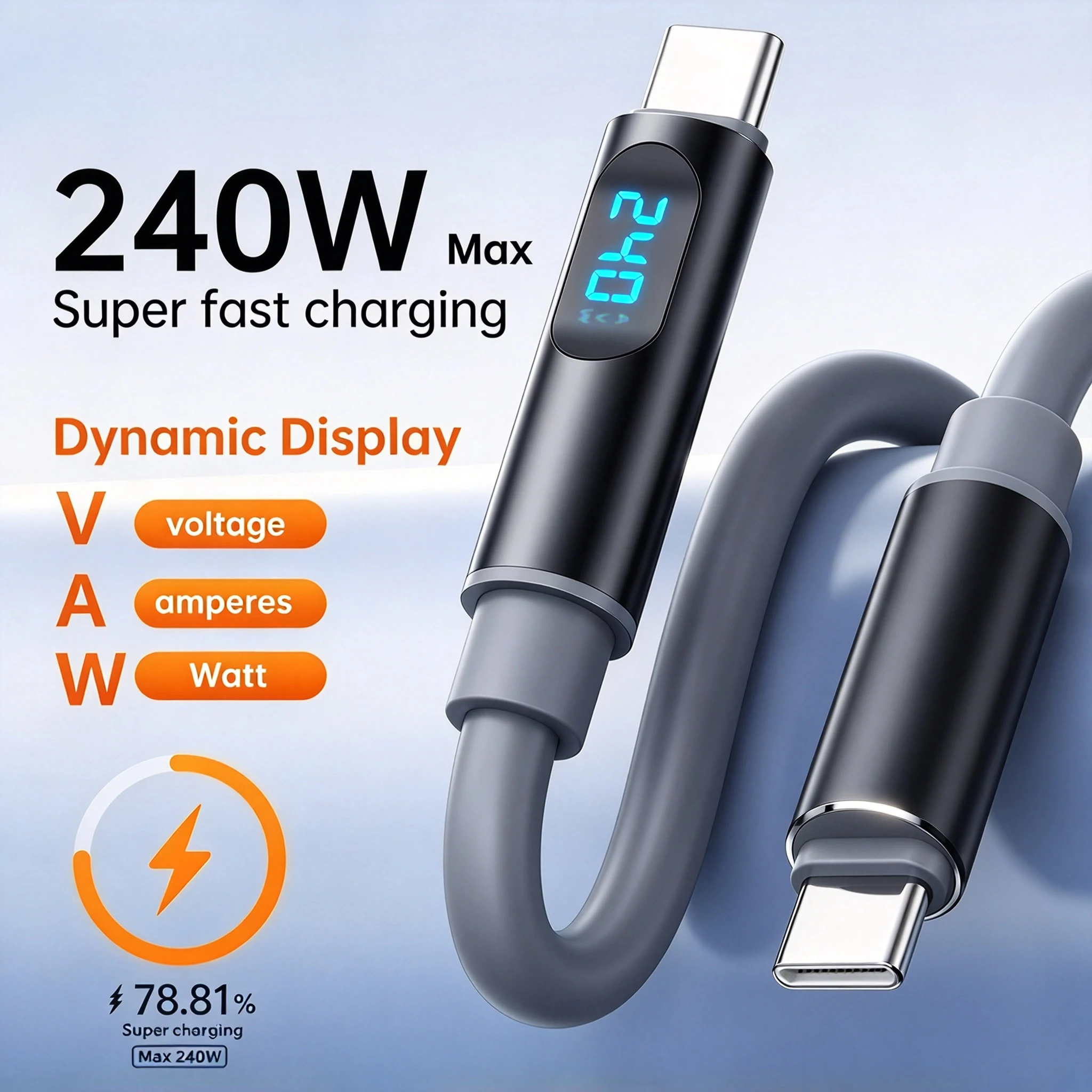 240W Type C to Type C Fast Charging Cable with LED Wattage Display Soft Silicone Data Wire for iPhone 15 16 Xiaomi Dell