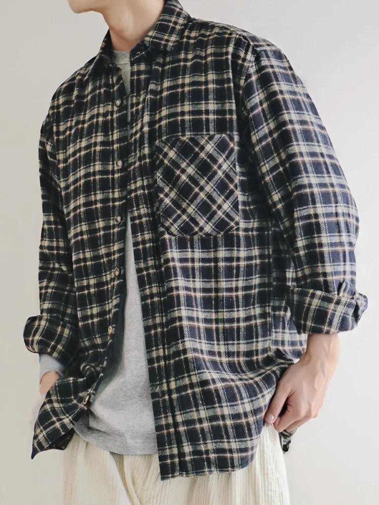 ‌Japanese Vintage Heavyweight Flannel Shirt Men Plaid Long Sleeve Loose Fit Casual Oversized Fashion Outerwear Autumn Spring