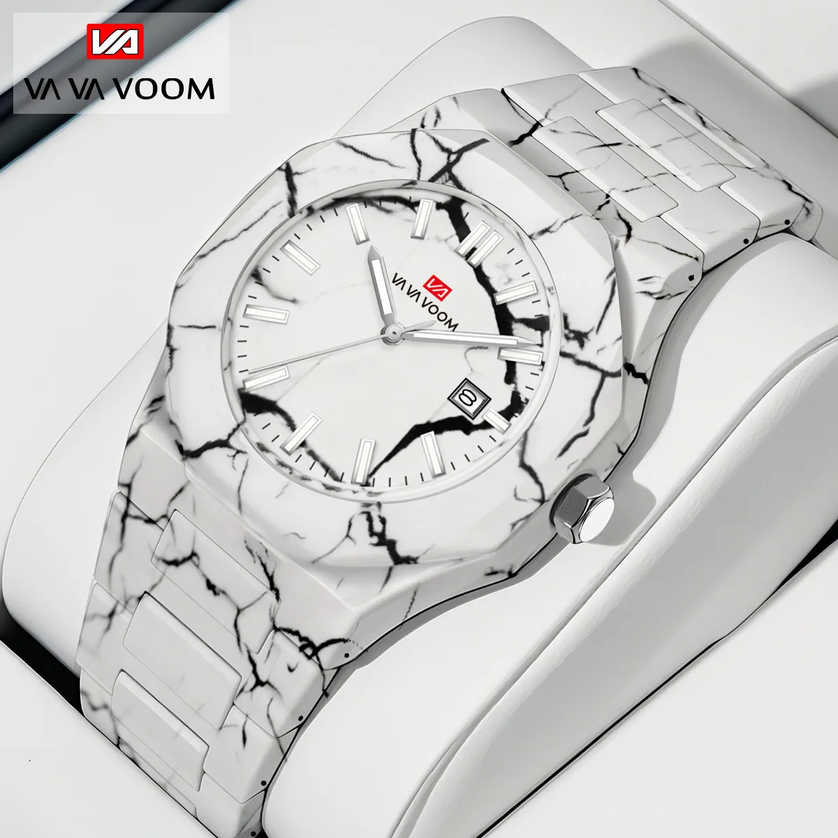 VA VA VOOM ساعات رجالية حركة كوارتز 40 مللي متر نمط الأعمال الرخام الأسود ساعة التقويم 3Bar مقاوم للماء ساعة رياضية عسكرية الرجال