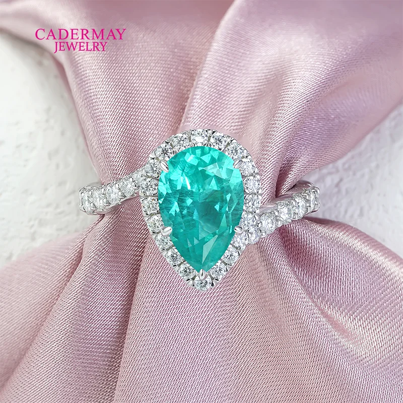 

Cadermay Jewelry 4.5ct 10x12mm Pear Shape Neon Paraiaba YAG Lab Paraiba Rings Halo Moissanite Rings Pave Women's Gift Wedding