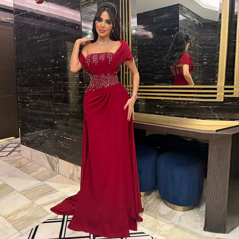 

Elegant Off the Shoulder Women's Evening Gowns Burgundy Chiffon Long Party Dresses Customized Glisten Beading Celebrity Dress