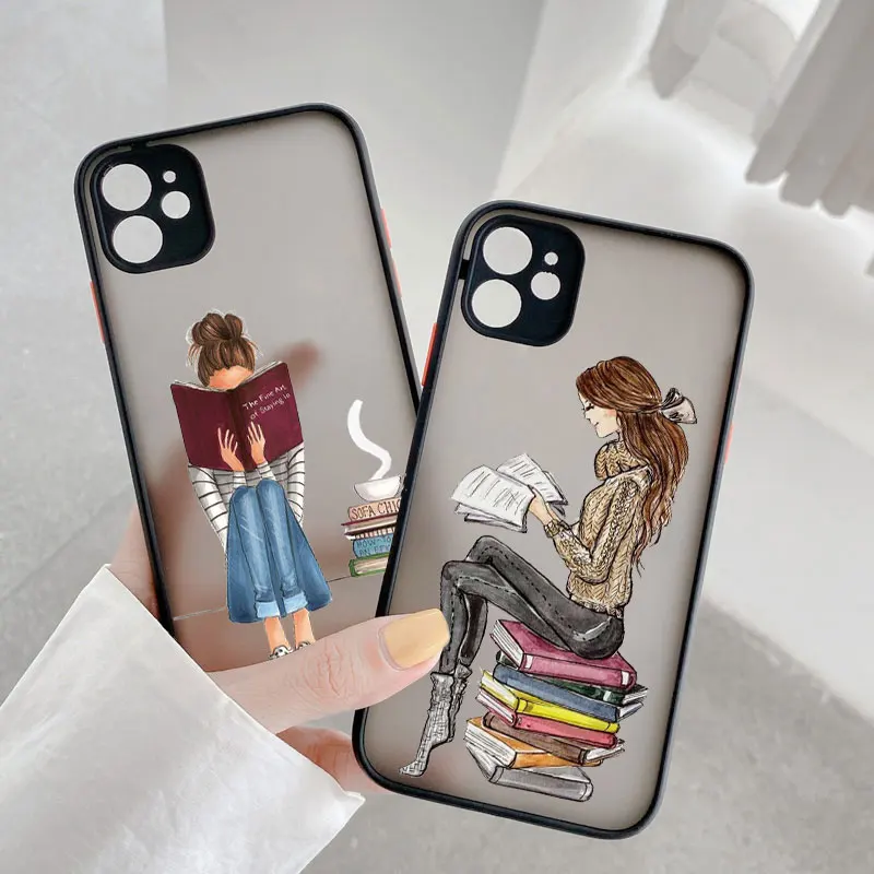Read Book Coffee Girl Phone Case Cute cover for iphone X XS XR 17 16 15 13 14 12 11 Pro Max Mini 16 15 14 Plus Shockproof Cover