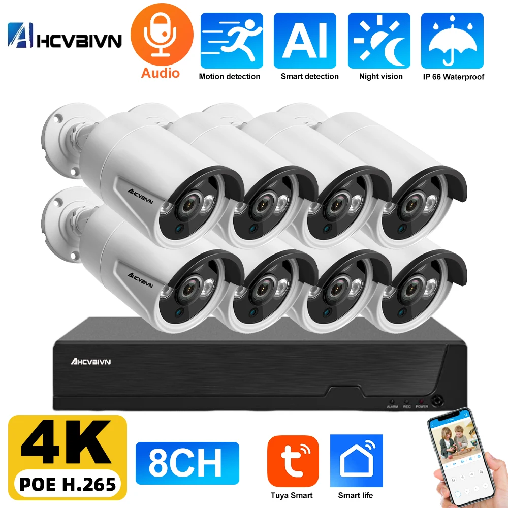 

Tuya H.265 8CH 4K 8MP POE NVR Kit Audio IP Security Camera System Human Detection Outdoor CCTV Security Video Surveillance Kit