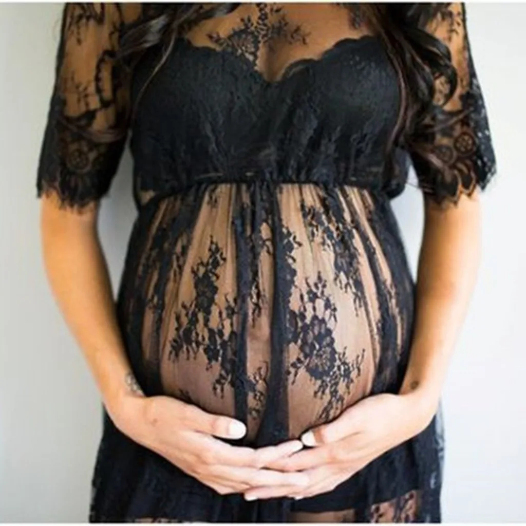 Fashion Maternity Dress Women's Black Short Sleeve Sexy O-Neck Lace Photography Shoot платье Pregnancy Summer Daily Clothes 2022