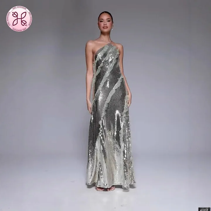 

2025 Halter Neck Sequin Gown - Glamorous Fringe Evening Dress (Women's Runway Party Wear Wholesale)