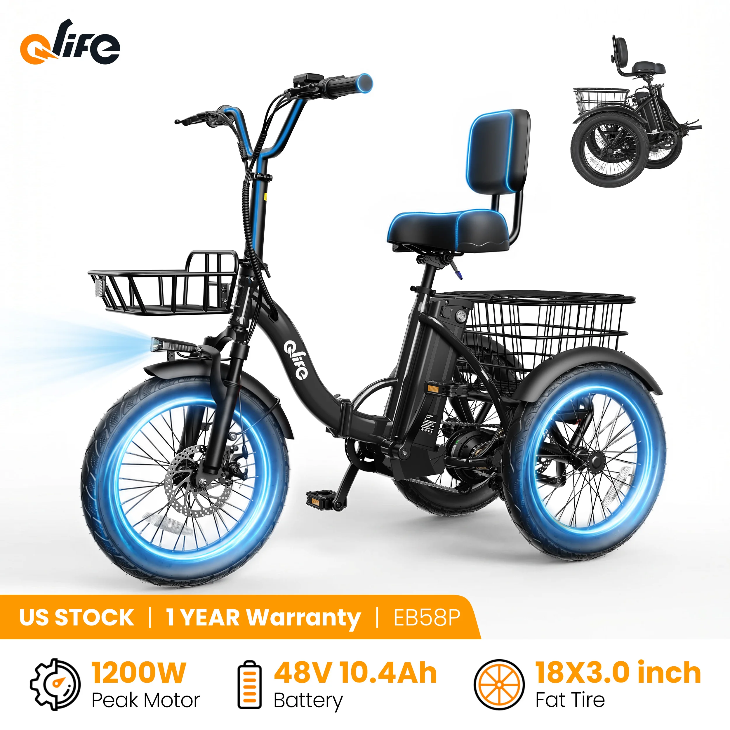 Qlife Triker 2.0 Folding Electric Trike, 1200W Motor 48V 10.4AH Removable Battery, 18''X3" Fat Tire Electric Tricycle, 18MPH Up to 50 Miles Etrike