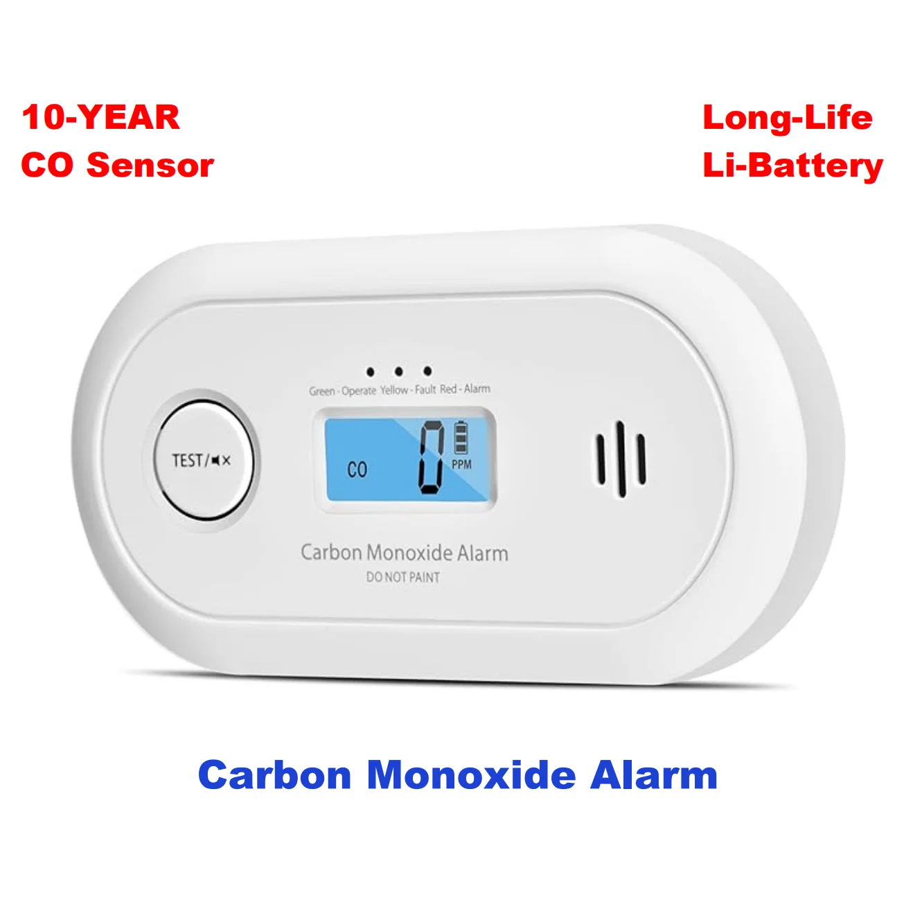 Carbon Monoxide Alarm with Digital LCD Display, Carbon Monoxide Detector with Long-life CR123A Li-Battery, EN 50291, VC22R