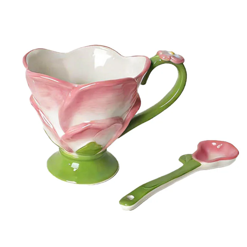 Cute Style Lotus Design Firing Ceramic Goblet Milk Cup With Spoon Set Office Tableware Underglaze Colour Large Capacity 350ml