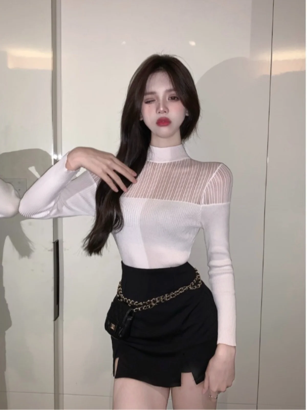 Slim Fit Long Sve Base de punto irt Mujer Primavera Verano Diseño Sense Sexy f Cuello alto Me Patchwork Top