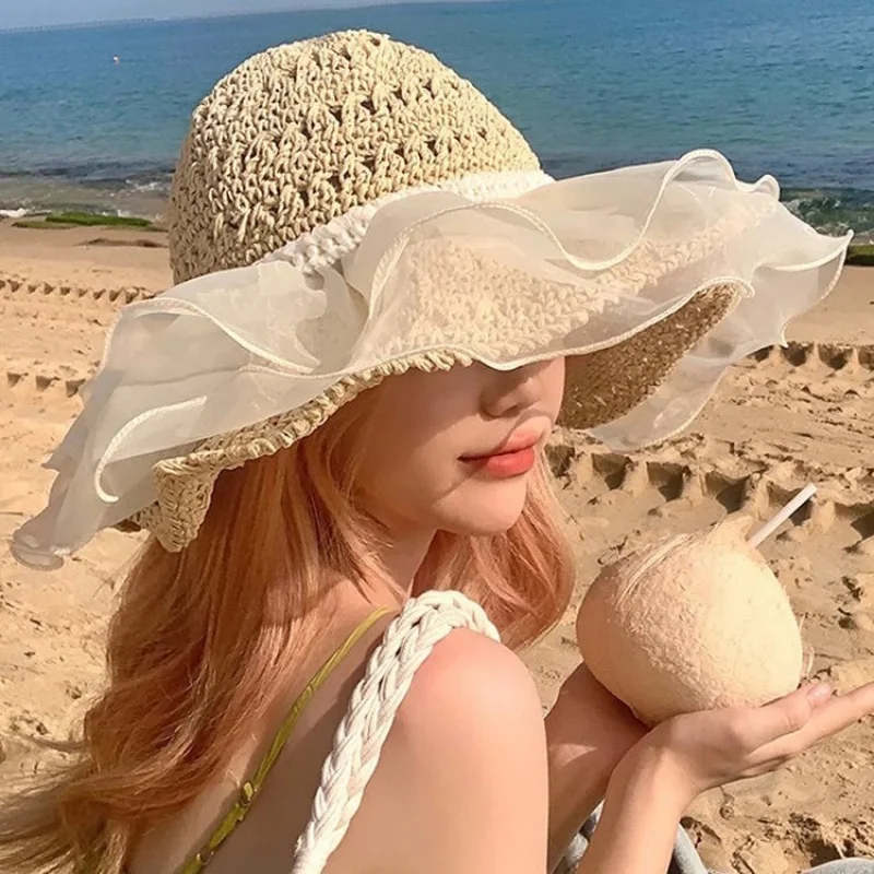 

Custom Lace Bowknot Hat Foldable Straw Hat Women Summer Hat Hollow Crochet Hat Hat