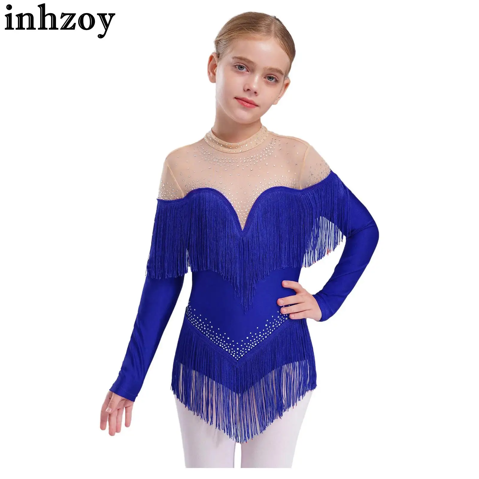 6-16Y Girls Tango Latin Dance Cha-cha Samba Leotard Long Sleeve Rhinestone Sheer Mesh Tassels Bodysuit for Figure Skating Ballet