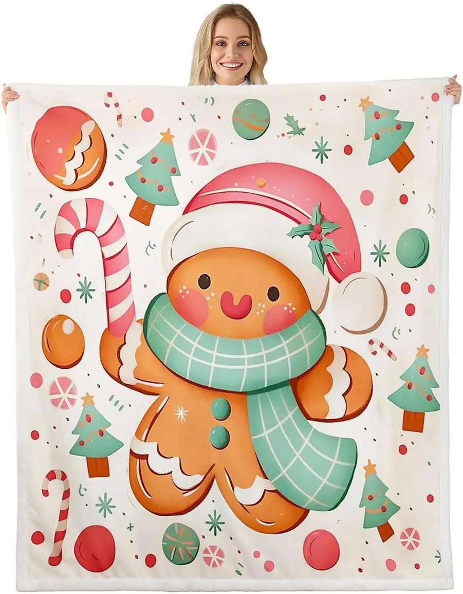 Merry Christmas Sherpa Blanket Plush Fuzzy Gingerbread Man Fleece Throw Blanket Boys Girls for Bed Couch Chair Living Room Xmas