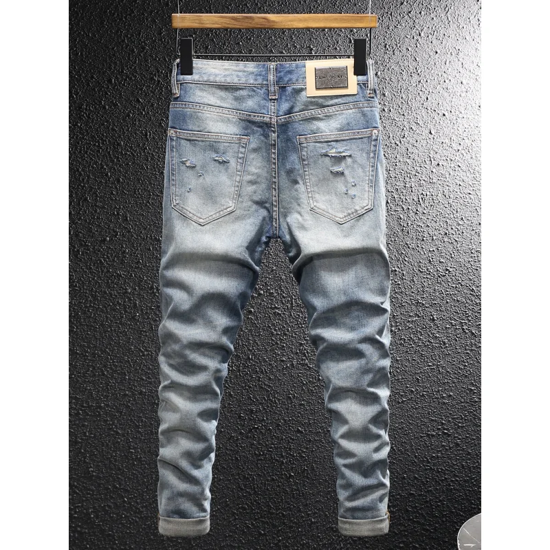 

2024, роскошные летние новые элитные джинсы в стиле ретро, мужские модные рваные эластичные прямые брюки с девятью точками в американском стиле