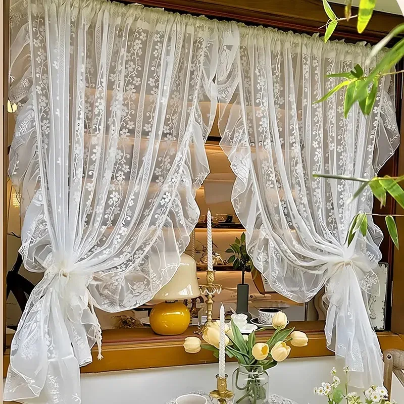 French Rococo Lace Farmhouse Curtain, Double Layer Sheer Vintage Curtains, No Drill Bedroom Window Drapes, Minimalist Style