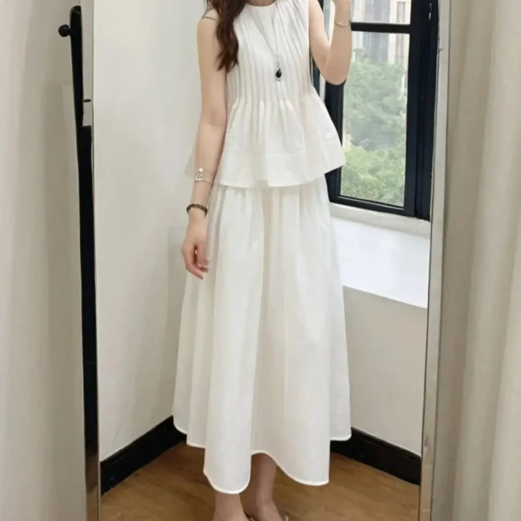 

Women's High-End White Sleeveless Skirt Set Autumn Foreign-Style Top And Skirt Two-Piece Ensemble