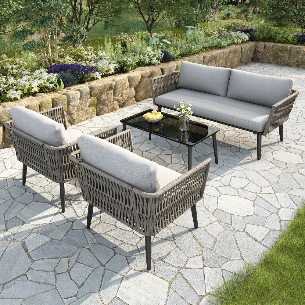 PINGGO Garten-Lounge-Set mit bequemen Kissen, 2-Sitzer-Sofa, 2 Sesseln und Couchtisch aus künstlichem Wasserpflanzen-PE-Seil