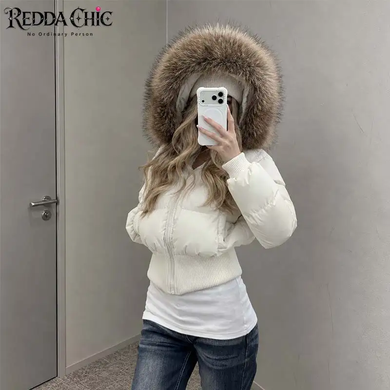 REDDACHiC Warm Bubble Quilted Puffer Women Causal Long Sleeve Zipper Faux Fur Hooded Cinched Crop Down Jacket Winter Outwear