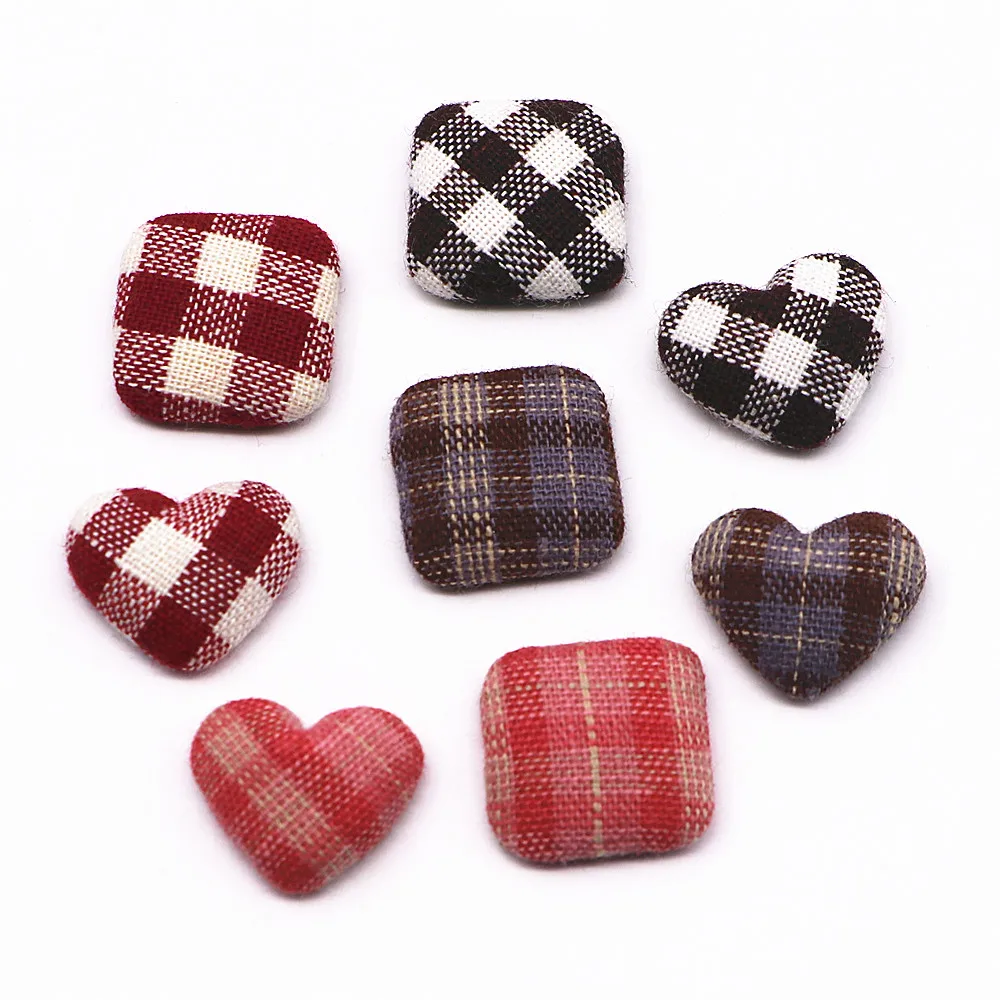 30pcs Plaid Fabric Covered Heart/Square Flatback Cabochons for Bag Cloth Patch Earrings Hairpin Jewelry DIY Accessories