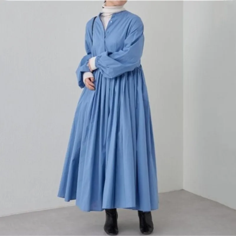 Baumwolle Leinen Lose Kleider Für Frauen Feste Koreanische version Langarm Plissee Große Schaukel Robe Herbst Vintage Casual Kleidung