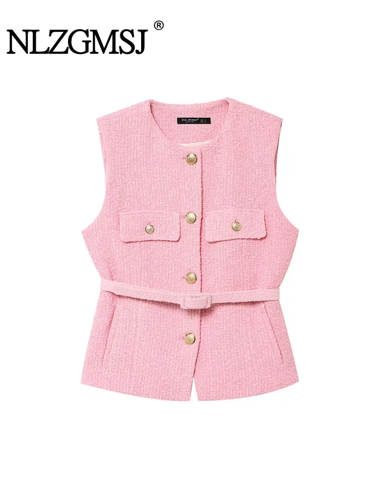 

2025 Spring Women Tweed Vest New Fashion With Belt Vests for Women Sleeveless Coat Streetwear Chic Waistcoat Tops ﻿
