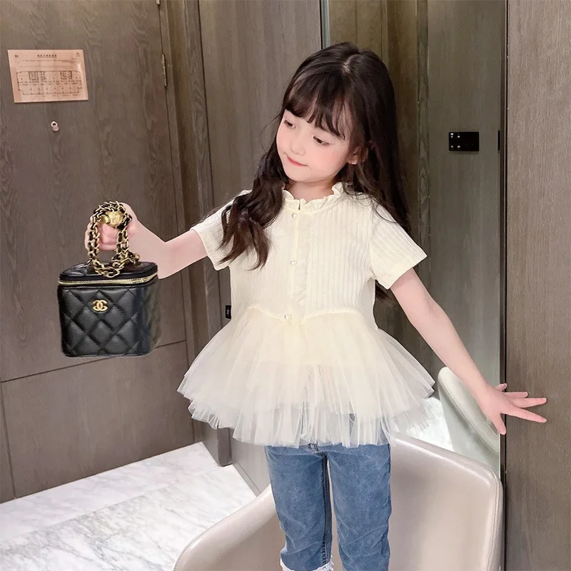 

Summer girls solid color short-sleeved gauze skirt fashion 2024 new children's baby girls all match casual top for 1 to 8 years