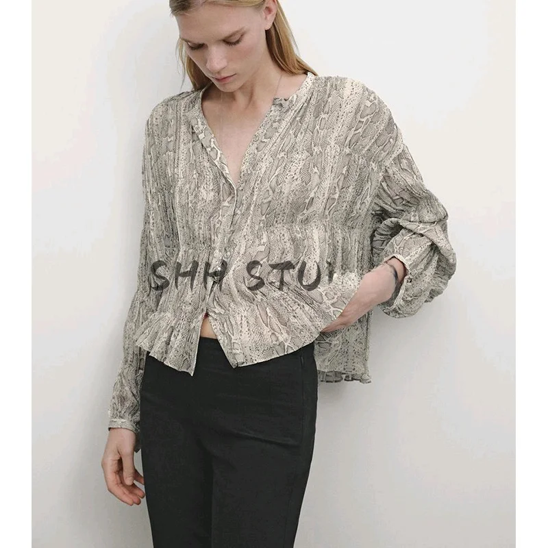 Casual Snake Print Long Sve round Ne irt Women's Spring Summer New Sle Loose Fit Commute Sle Polyester Fiber 00%