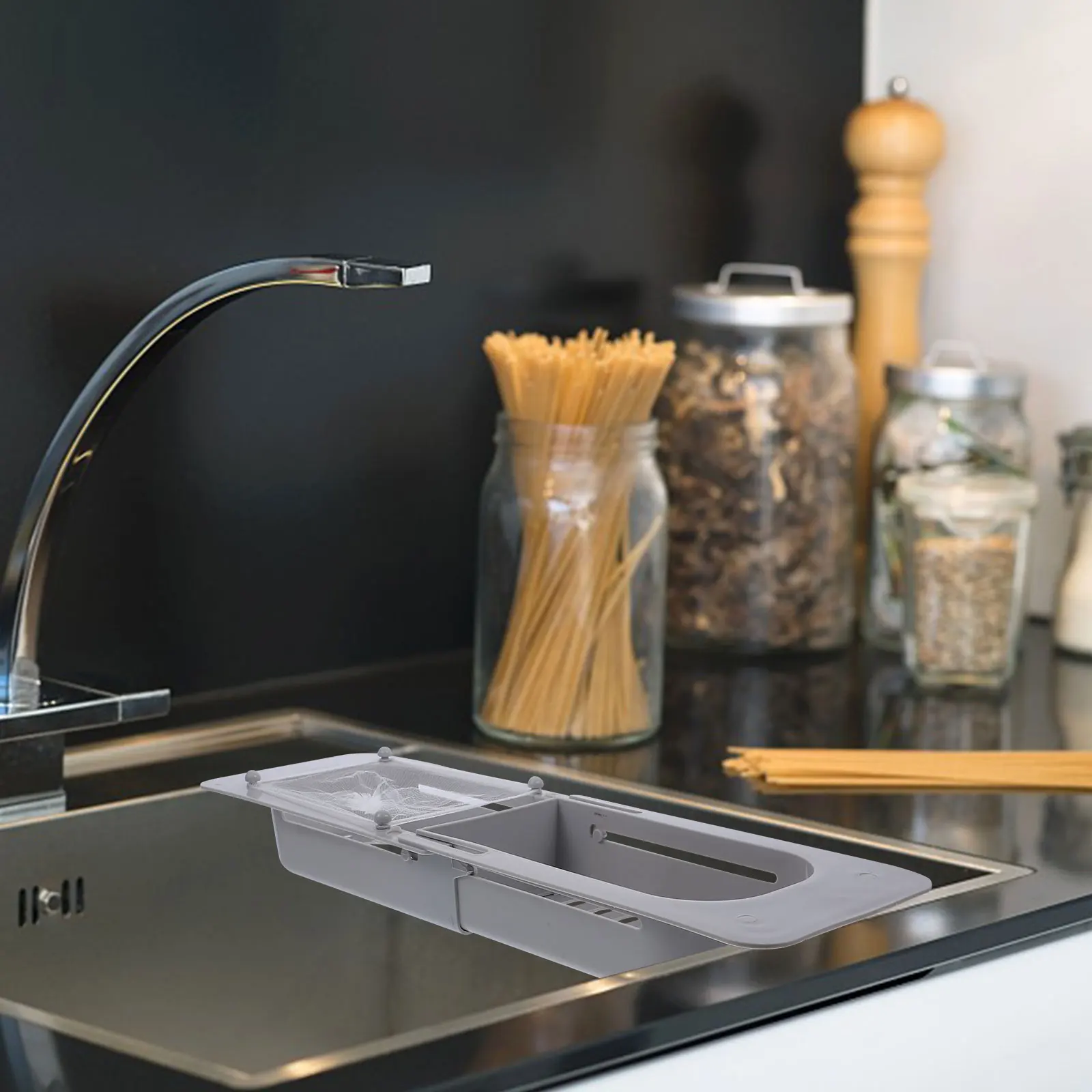 

1 set able Kitchen Sink Draining Rack Gray Telescopic Holder Filter Nets Food Strainer Soap Sponge Tray Storage Solution