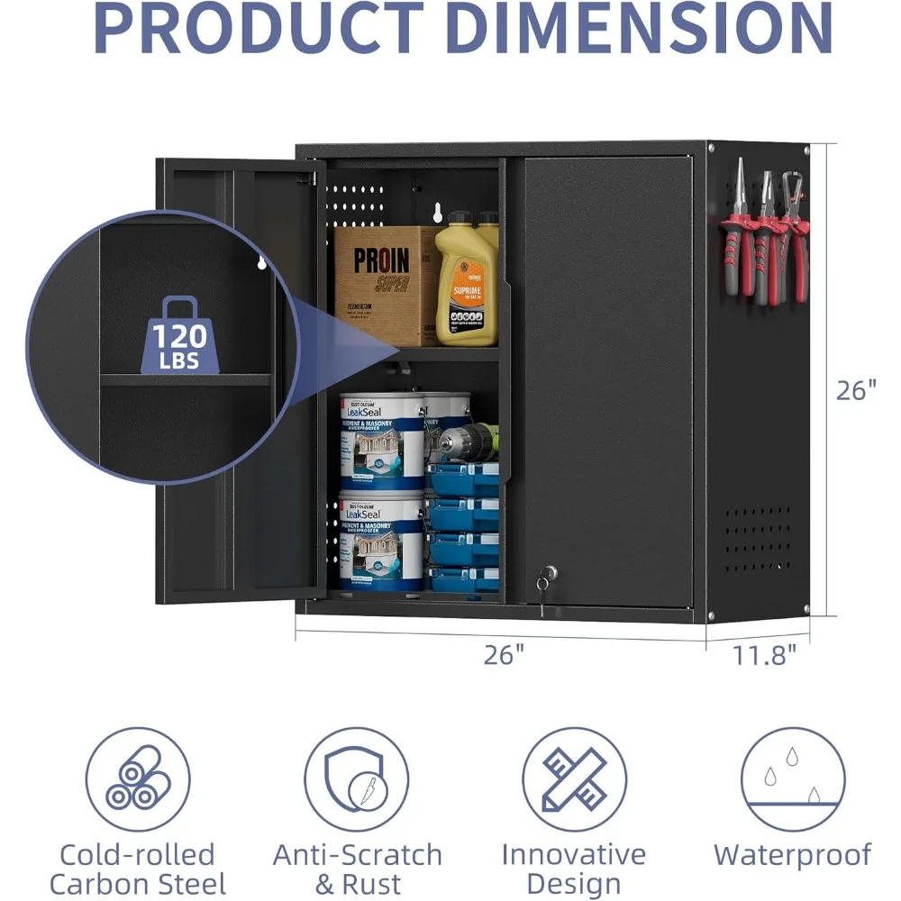 Металлические гаражные настенные шкафы с двумя дверцами, регулируемая полка, запираемый, черный, плавающий шкаф для хранения инструментов с перфорированной доской