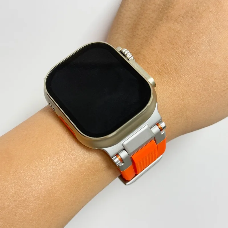 Sport-Silikonarmband für Apple Watch Ultra 2, 49 mm, 46 mm, 45 mm, 44 mm, luxuriöses Metallarmband für iWatch-Serie 10, 9, 8, 7, 6, 5, 4 Se-Armband