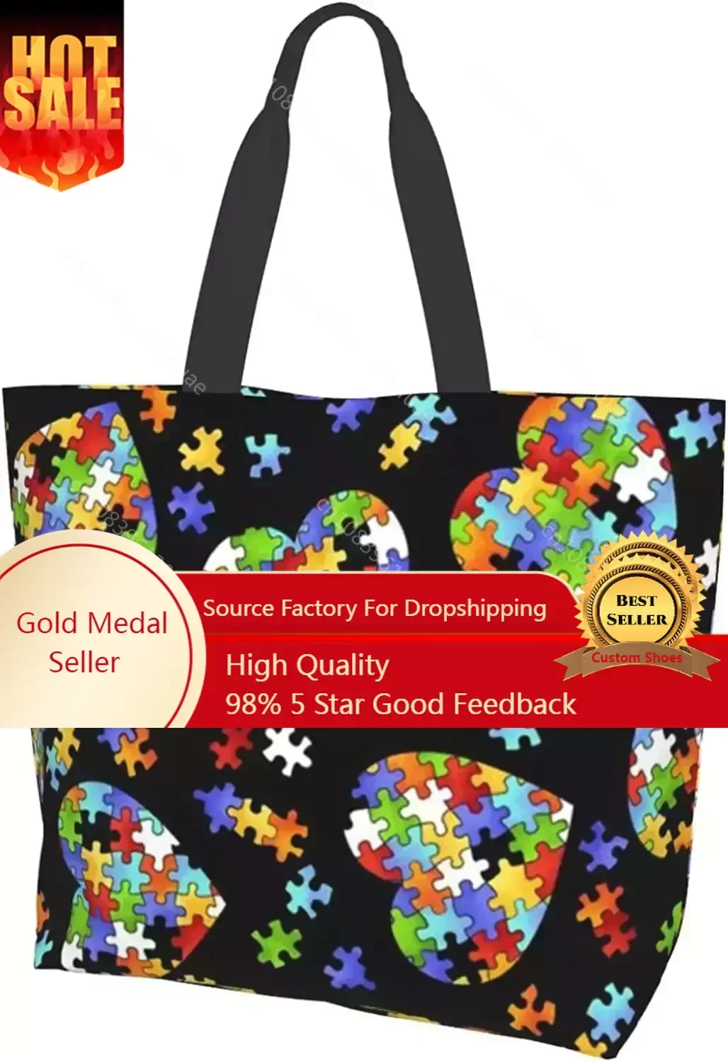 

Women Fashion Large Tote Shoulder Handbag Autism Awareness Waterproof Shoulder Bag Top Handle Satchel