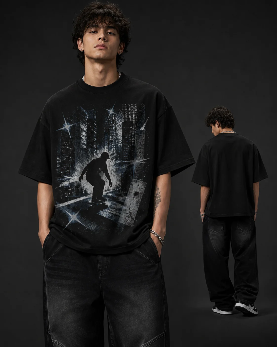 2026 Summer Men Skateboard City Building Graphic Oversized T‑Shirt Cotton Short Sleeve Unisex Hip Hop Loose Streetwear Tees Tops