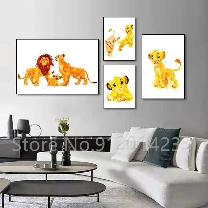 Disney Lion King Canvas Painting Watercolor Cartoon Simba Nordic Poster Wall Art Pictures for Kid Room Nursery Home Decoration