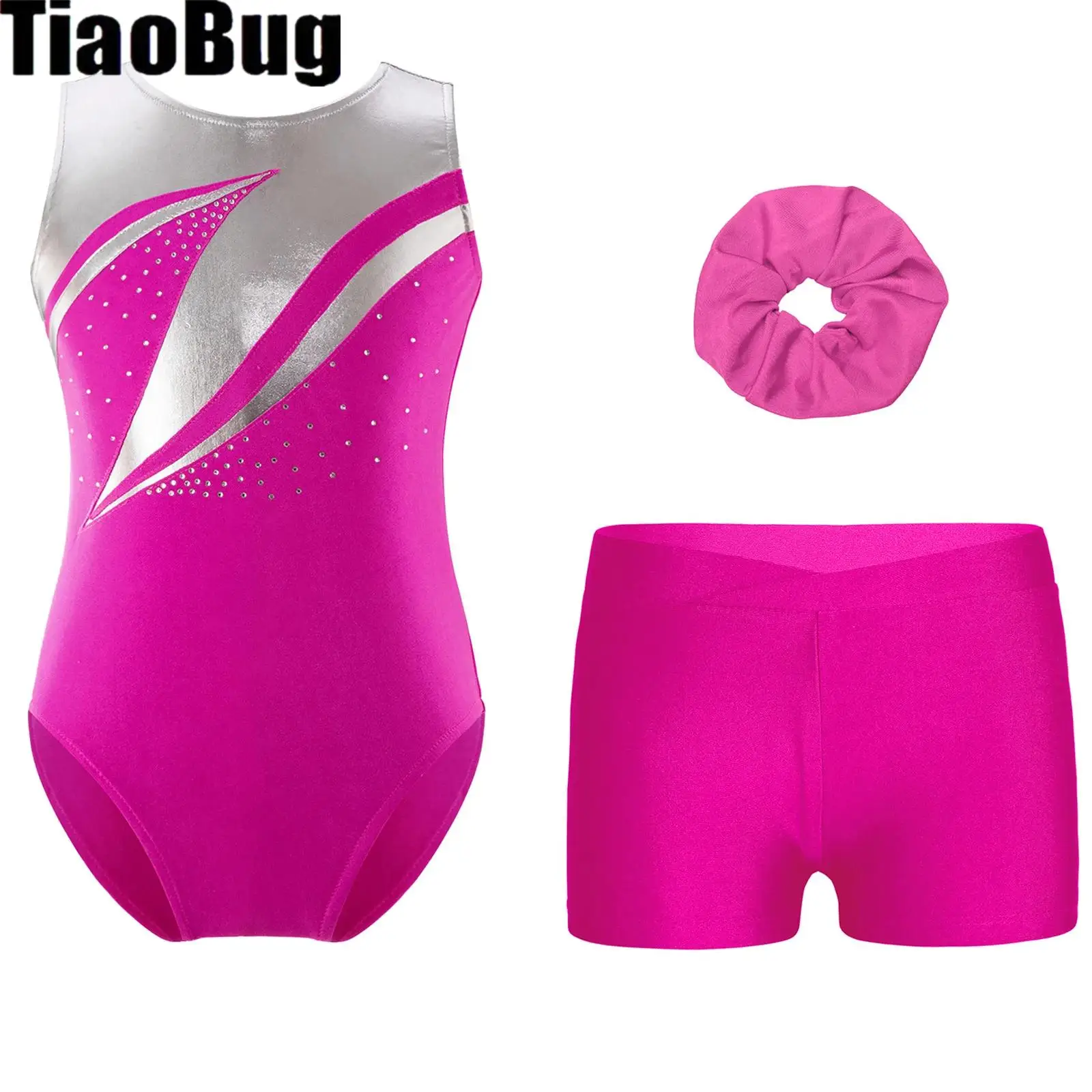 

Kids Girls Ballet Outfit Sleeveless Metallic Shiny Rhinestones Leotard with V-front Waistband Shorts And Hairband Gymnastics