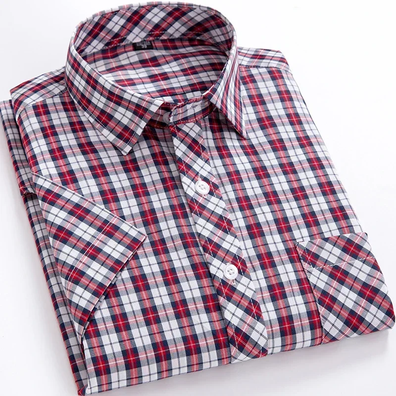 Plus Size S-8XL Men's Shirts Short Sleeve New Fashion Cotton Soft Comfortable Thin Red Plaid Young Casual Social Shirt Clothing