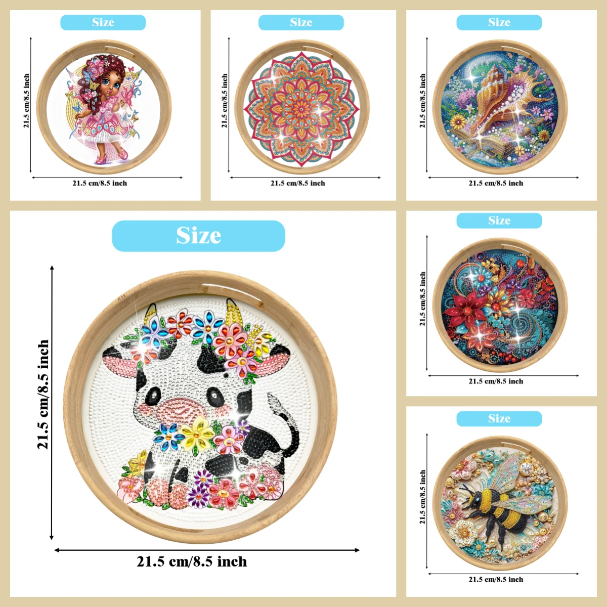 

1 set of DIY animal/cartoon-themed diamond art painting tray kit, with a wooden circular drawing board tray featuring a handle